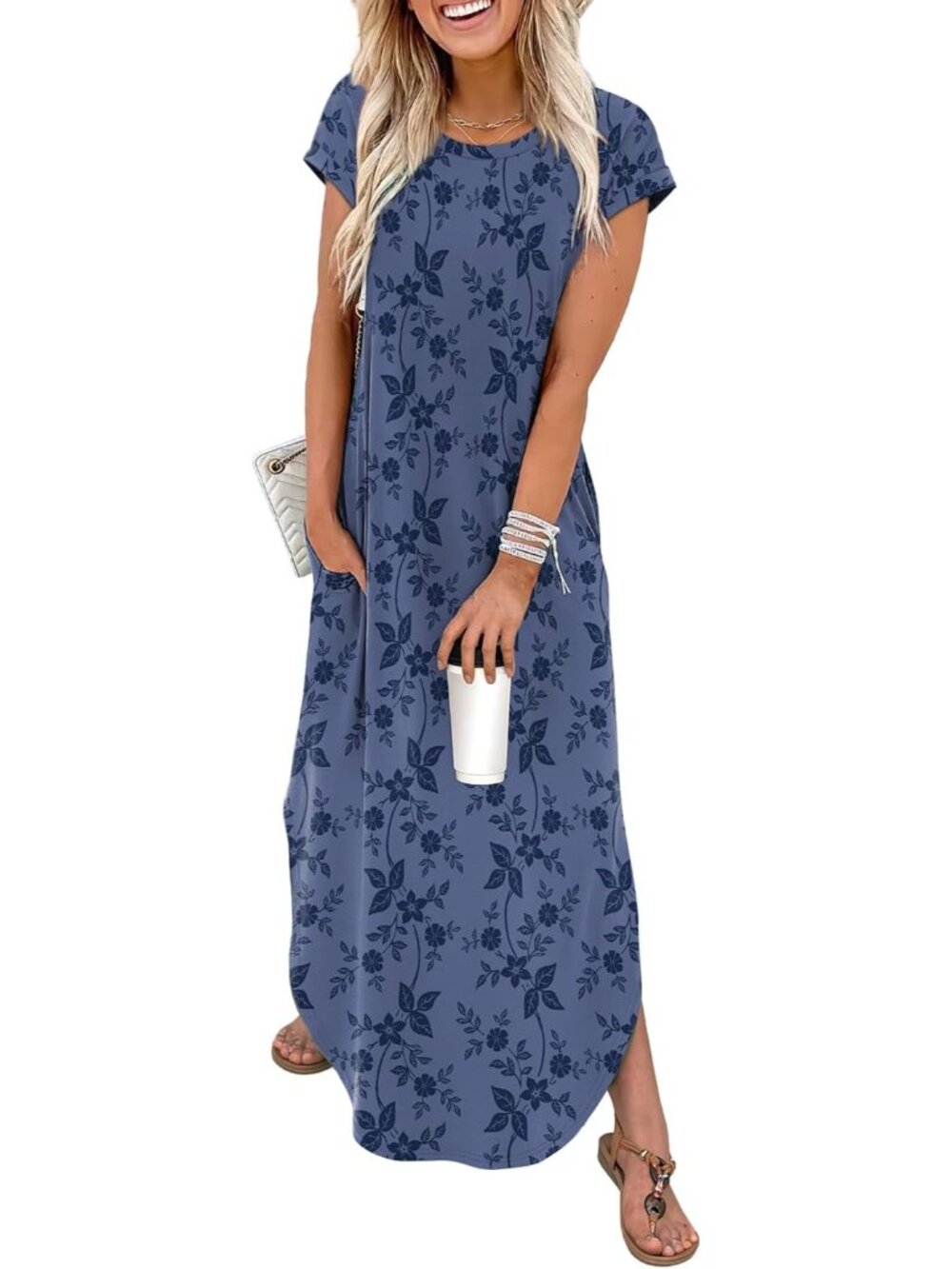 〽️Women’s Blue Floral Maxi Dress Crewneck Cap Sleeve Pockets Summer Casual